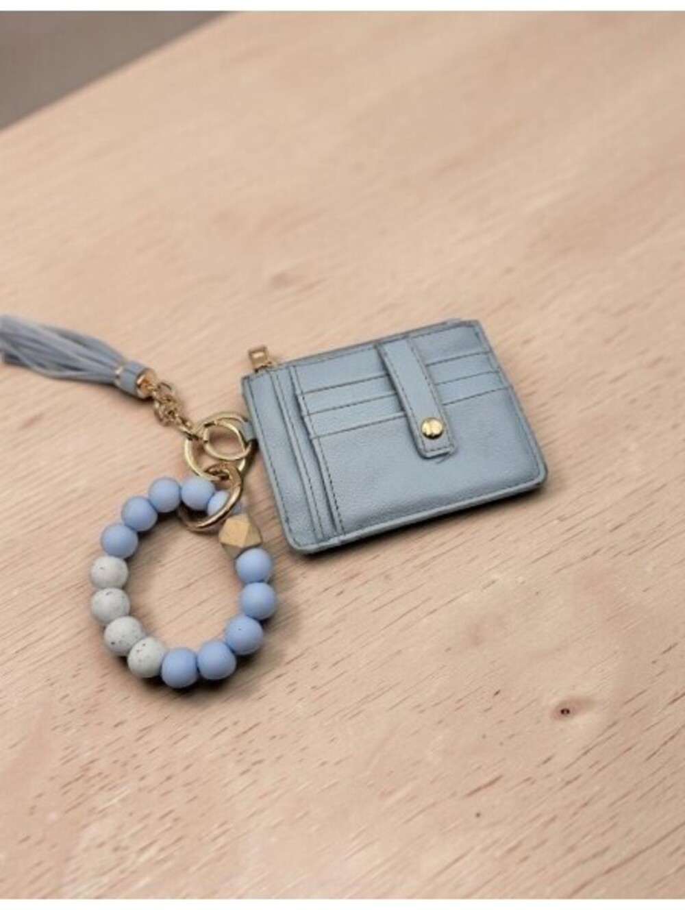Blue Card Holder Wallet Keychain Tassel Beaded Wristlet ID Zip Pouch